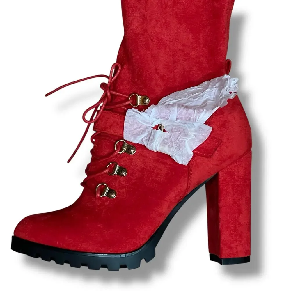 Shoedazzle Evadne Thigh Boot Sz 9 Red Faux Suede Over Knee OTK Lug Sole 4